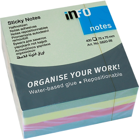 A square block of sticky notes with text in multiple languages. The notes are in pastel colors and printed with "ORGANISE YOUR WORK!"