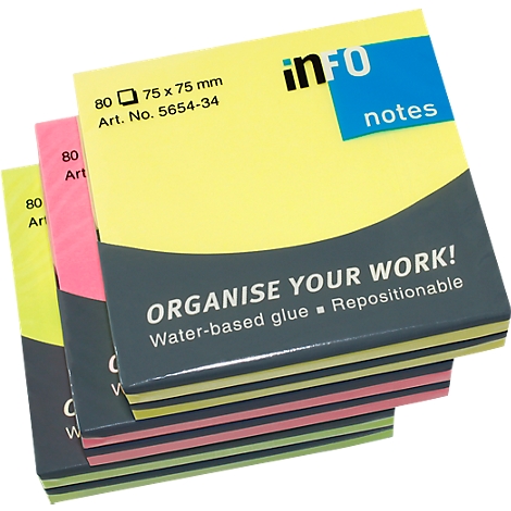 Three stacks of sticky notes in yellow, pink, and green with the text "Organise your work!", and "info notes."