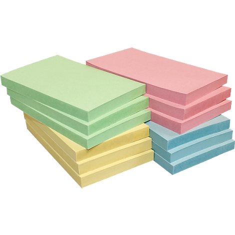 Stacks of various colored sticky note pads. Yellow, green, pink, and blue.
