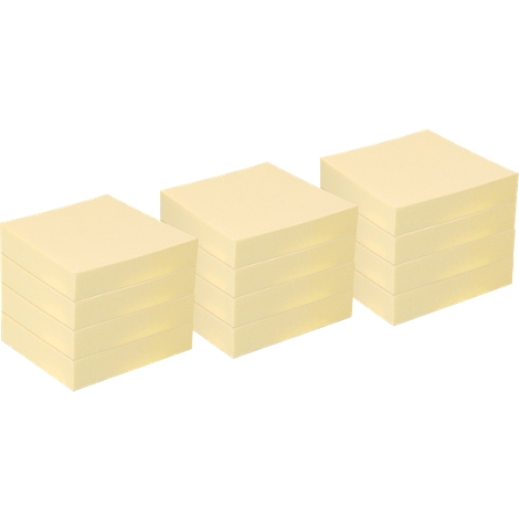 Three yellow sticky note pads. The pads are square and stand on a white surface.