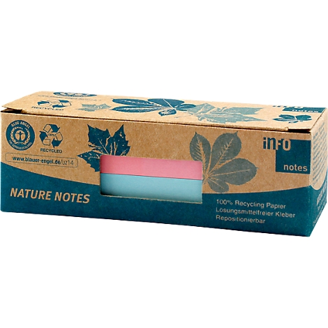 Notepad in a brown cardboard box with pink and light blue notepads.