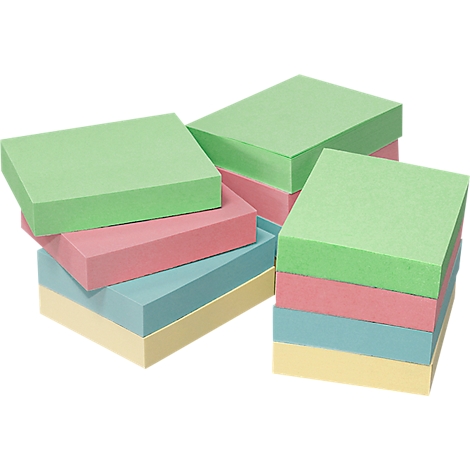 Several stacks of colorful sticky notes in green, pink, blue, and yellow.