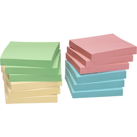 Two stacks of colorful sticky notes on a white background. One stack green and yellow, the other pink and blue.
