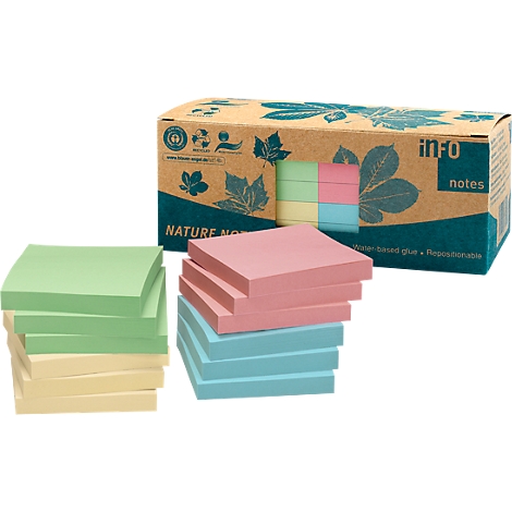 Three stacks of sticky notes in green, pink, and blue stand in front of a cardboard box labeled 'info notes'.
