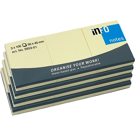 Een stapel gele post-it-blaadjes met een blauw-grijze streep. De tekst "ORGANISE YOUR WORK!" is zichtbaar. Het "info notes" logo is ook zichtbaar.