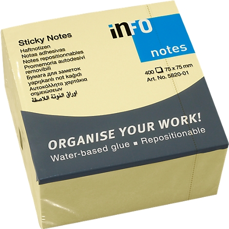Een gele zelfklevende notitieblok met blauwe letters en tekst: “Sticky Notes”.
