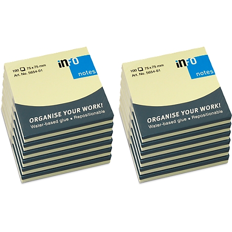 Twee stapels gele en grijze memoblaadjes met de tekst "ORGANISE YOUR WORK!".