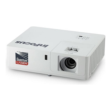 Weißer InFocus Quantum LASER Beamer vor weißem Hintergrund.