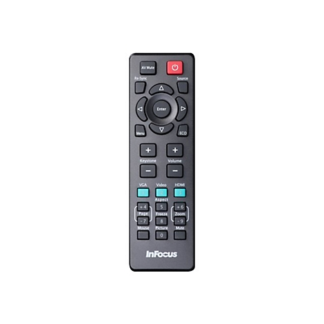 Dunkelgraue InFocus-Fernbedienung, rote Power-Taste. Tasten mit Funktionen wie LautstÃ¤rke, Quelle, HDMI.