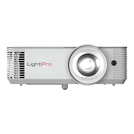 Weißer LightPro Beamer in Frontansicht vor weißem Hintergrund.
