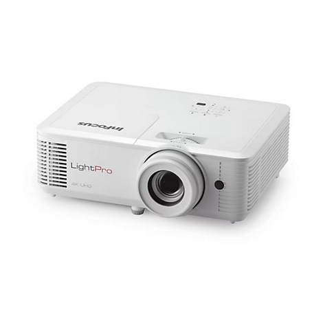 Weißer InFocus LightPro 4K UHD Projektor in moderner, kompakter Bauweise vor weißem Hintergrund.