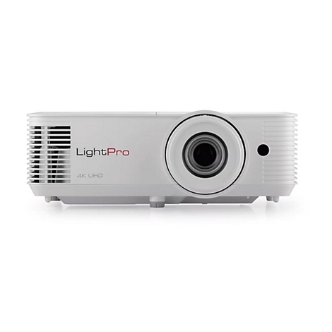 Weißer LightPro 4K UHD Projektor in Frontansicht vor neutralem Hintergrund.