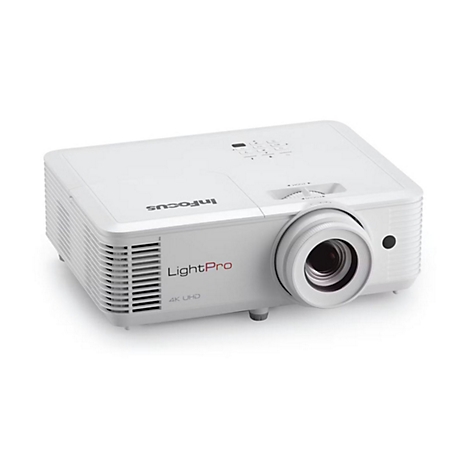 Weißer InFocus LightPro 4K UHD Projektor in moderner Gehäuseform vor weißem Hintergrund.