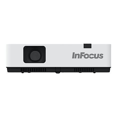 Weißer InFocus Projektor mit schwarzer Linse und Lüftungsgitter auf weißem Hintergrund.