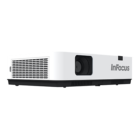 WeiÃŸer InFocus-Beamer. Seitliche Ansicht mit Logo, LÃ¼ftungsgitter und Objektiv.