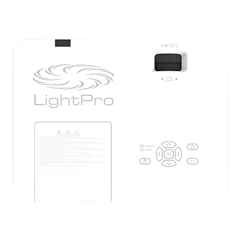 Draufsicht auf einen weiÃŸen Projektor. Oben links: LightPro-Logo. Unten rechts: Bedienelemente mit KnÃ¶pfen.