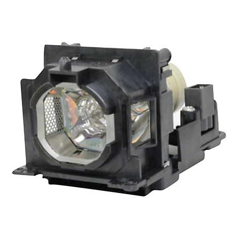 Ersatzlampe für Beamer in einem schwarzen Kunststoffgehäuse mit sichtbarem Reflektor und Glaskolben.