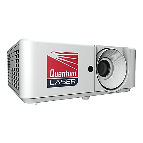Weißer Projektor mit Quantum Laser Logo. Seitlich ein Lufteinlass, Front Linse.