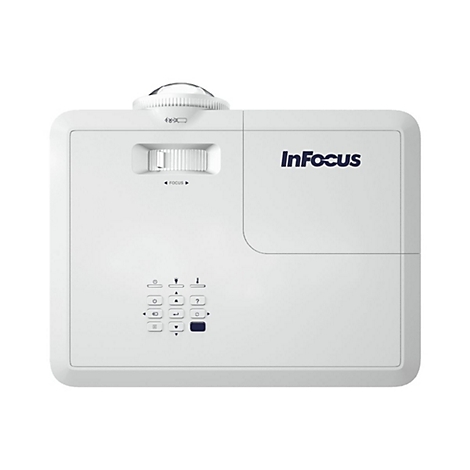 Weißer InFocus Projektor in der Draufsicht mit Fokusrad und Tastenfeld.