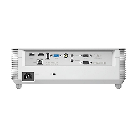 Rückseite eines weißen Projektors mit zahlreichen Anschlüssen wie HDMI, VGA, USB und RJ45.