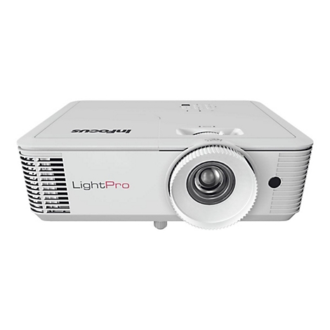 Ein weißer LightPro Projektor in der Frontansicht vor weißem Hintergrund.
