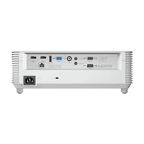 Rückseite eines weißen Projektors mit zahlreichen Anschlussmöglichkeiten wie HDMI, VGA, Audio und Netzwerk.