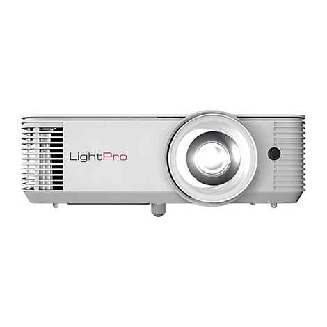 Weißer LightPro Projektor in Frontalansicht mit großem Objektiv und Lüftungsschlitzen.