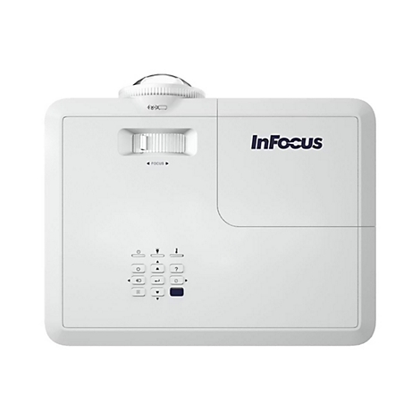 Weiße InFocus-Projektor-Draufsicht mit Fokusrad, Tastenfeld und Markenlogo.