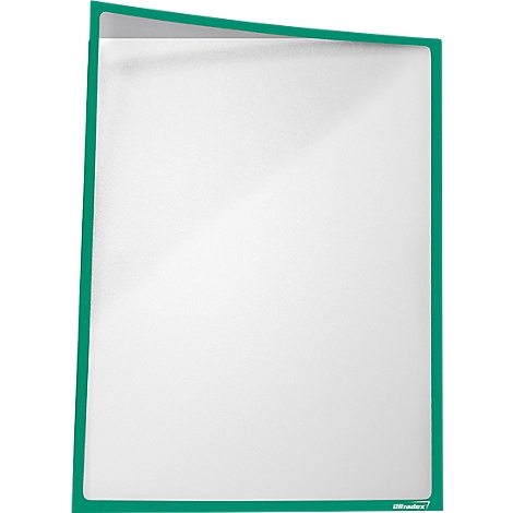 Transparent, white document sleeve with a green border. The upper right corner is open.
