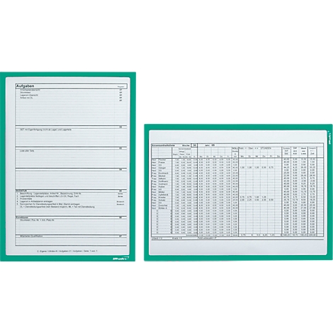 Two green document folders with tables and text. Left tasks list, right table with columns and rows.