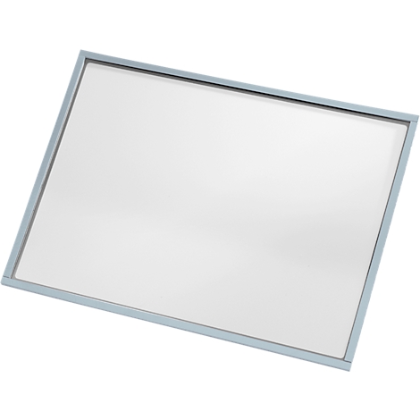 An empty, white whiteboard with a light blue frame, slightly angled.