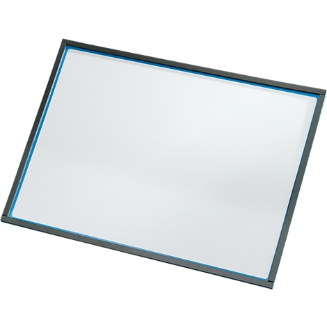 Rectangular white board with a grey frame and a blue accent.