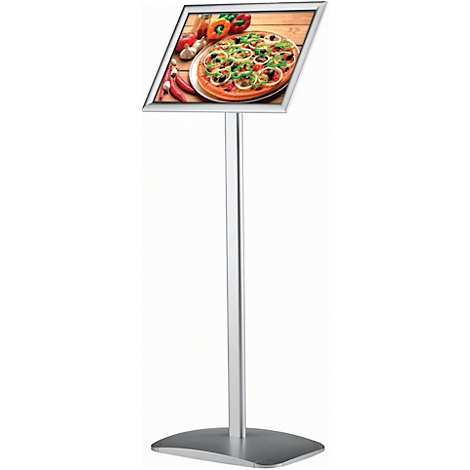 Silver display stand with an advertisement image of a pizza. The image is mounted at an angle, the base is round.