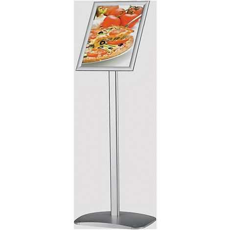 A silver stand with a frame showing a pizza image.