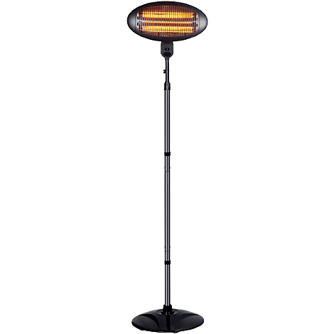 A black patio heater standing on a base. The heating head is oval and glows orange. The stand is slender and adjustable.