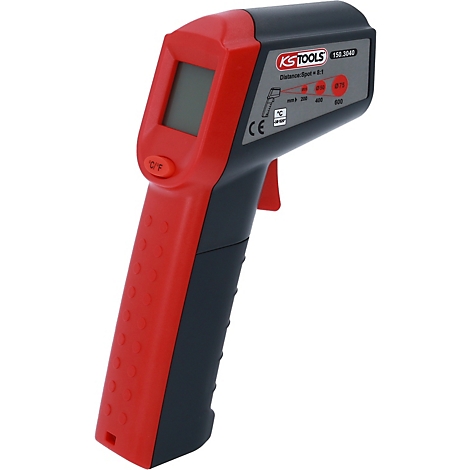 Ein rotes und schwarzes Infrarot-Thermometer von KS TOOLS. Das Thermometer hat ein Display, einen Auslöser und mehrere Messbereiche.