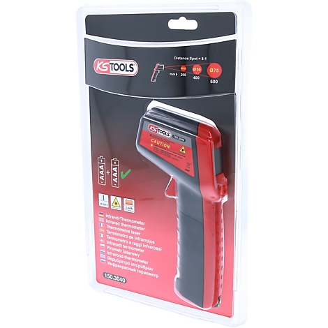 Infrarot-Thermometer von KS Tools in Verpackung. Rot, schwarz, weiß. Aufschrift: "CAUTION".