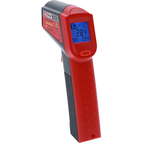 Rotes Thermometer mit digitaler Anzeige: 28,4 Grad Celsius. Die Aufschrift lautet: Vorsicht Laser. Am Griff ist ein Knopf mit C/F.