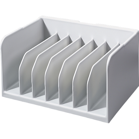 Witte ordner met zes vakken, schuin geplaatst. 