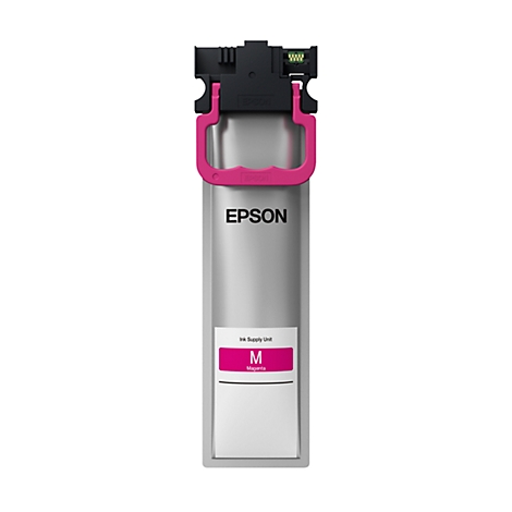 Inktcontainer voor printer in zilver en roze. De belettering Epson is duidelijk zichtbaar.