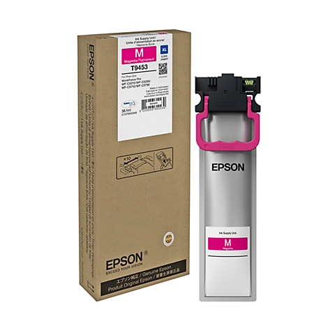 Een Epson inkt in roze, naast de verpakking. Markeringen en tekst zijn zichtbaar op de verpakking.