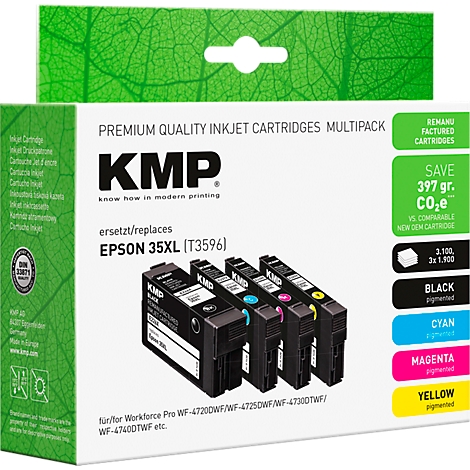 KMP multipack inktcartridges voor Epson 35XL, vier zwarte en gekleurde cartridges in een witte doos met groen bladpatroon.