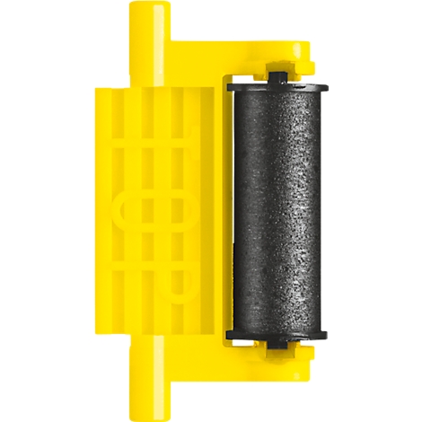 Gele inktlinten voor een etiketteermachine. De zwarte roller zit rechts, de gele behuizing links.