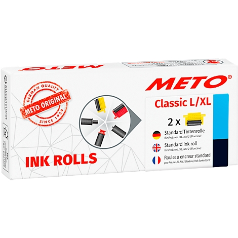 Witte METO-verpakking met rode letters en een kleurrijk diagram van inktrollen. Opschrift: "INK ROLLS", "METO ORIGINAL", "Classic L/XL".