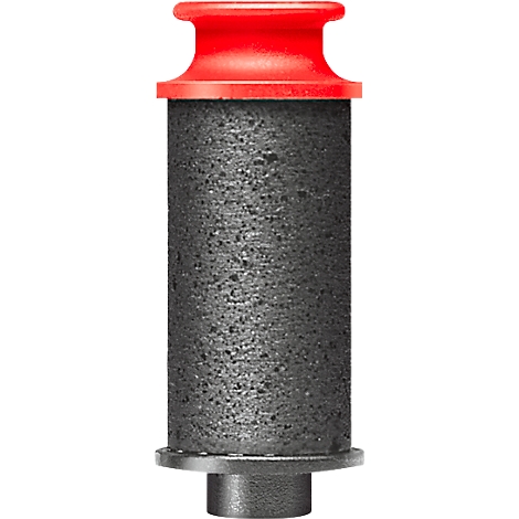 Detailopname van een cilindrisch object met een rode kop en een grijs, poreus lichaam.