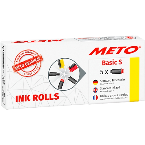 Witte doos met rood "METO" logo, met het product "Basic S" en 5 inktrollen. Tekst: "Ink Rolls", "Original", "German Quality".