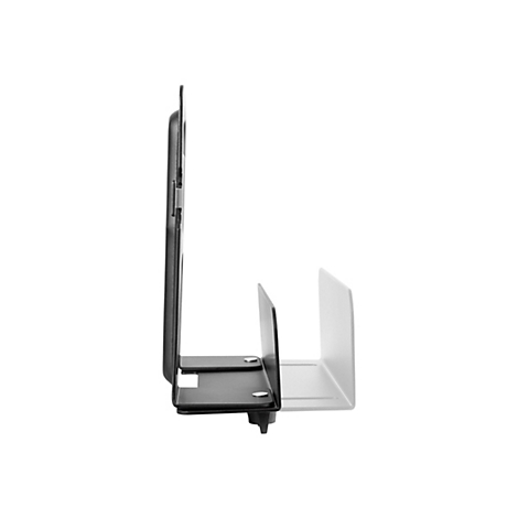 Seitliche Ansicht eines schwarzen Laptops, der in einem Metallhalter steht.