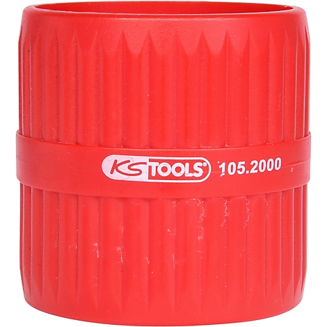 Rotes KS TOOLS Werkzeug. Rundes Kunststoffteil mit gerillter Oberfläche und Schriftzug.