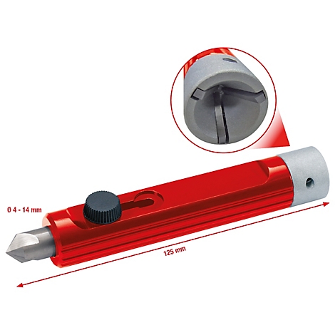 Rotes Werkzeug mit schwarzem Drehknopf und silbernen Enden, Detailansicht im Kreis. Maße: 125mm, Ø 4-14 mm.