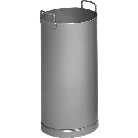 Graue, zylindrische Tonne mit zwei Henkeln, die an den Seiten angebracht sind. Steht auf einem runden Sockel.